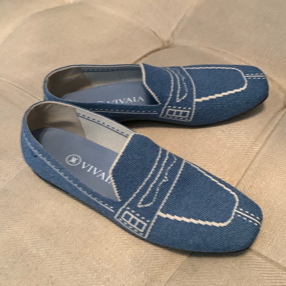 Vivaia Eco Friendly Knit Washed Denim Blue Slip On Square Toe Penny Loafer.